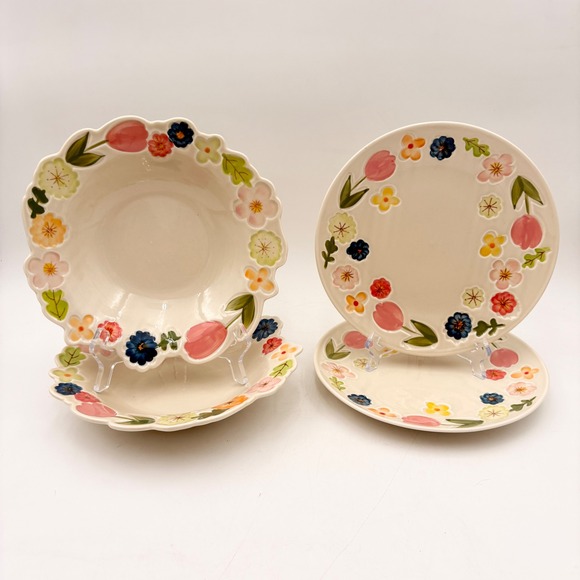 Floral Embossed Ceramic Bowl and Plate Set 4pc Spring Tulip Cottagecore 8.5in
